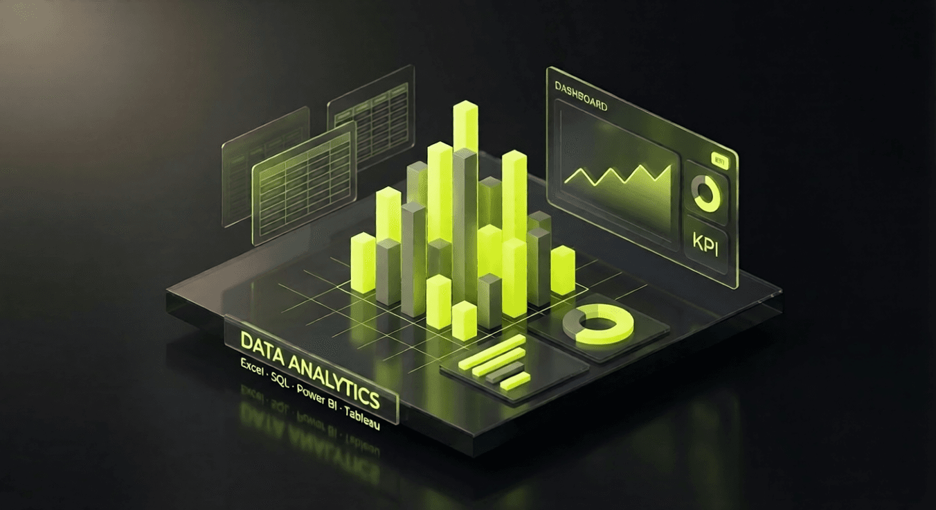 Isometric illustration of analytics dashboards and bar charts in the Techtonic Lab lime-on-black style