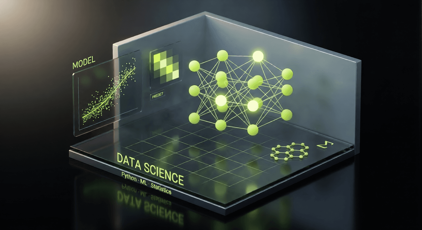 Isometric illustration of a neural-network node graph and a fitted model curve in the Techtonic Lab lime-on-black style