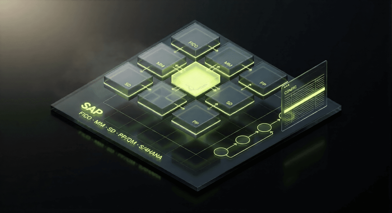 Isometric illustration of connected SAP ERP module blocks and a process flow in the Techtonic Lab lime-on-black style